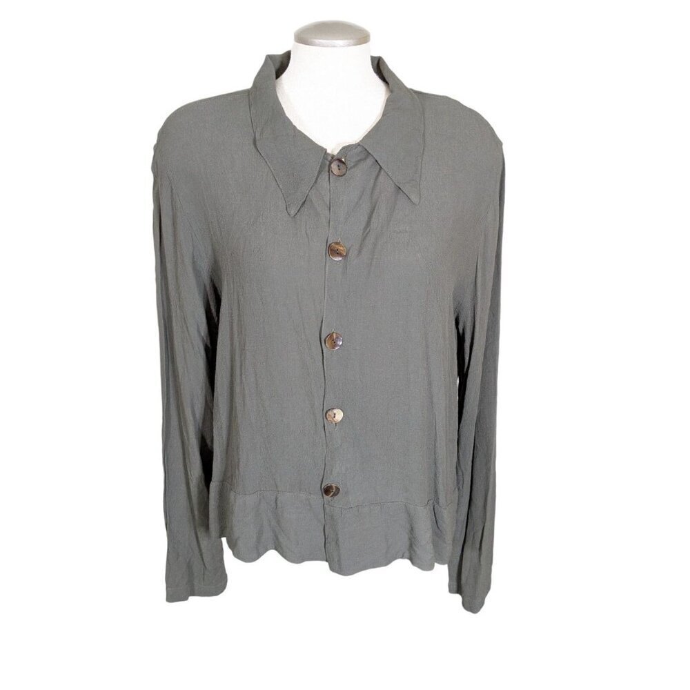 CP Shades Blouse Top Womens Small Green Button Front Rayon Collared Boxy Shirt